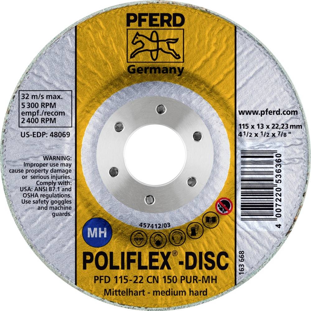 Brusný kotouč 'POLIFLEX DISC' od firmy PFERD, max. 5300 ot./min, průměr 150 mm, středně tvrdý. Obsahuje bezpečnostní a uživatelské pokyny.