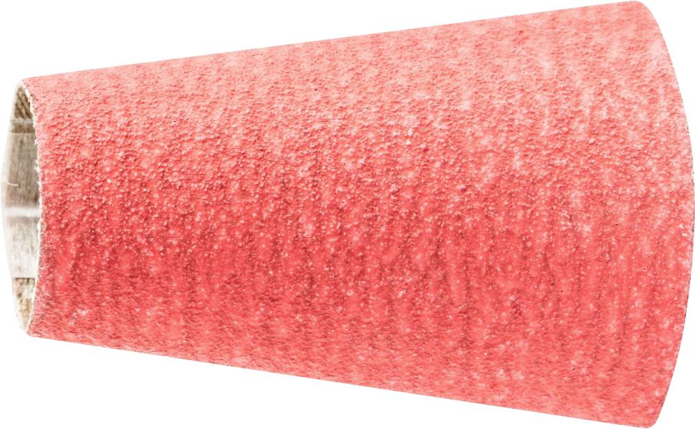 Červený brusný kužel s drsným povrchem, používaný ke zpracování materiálů.