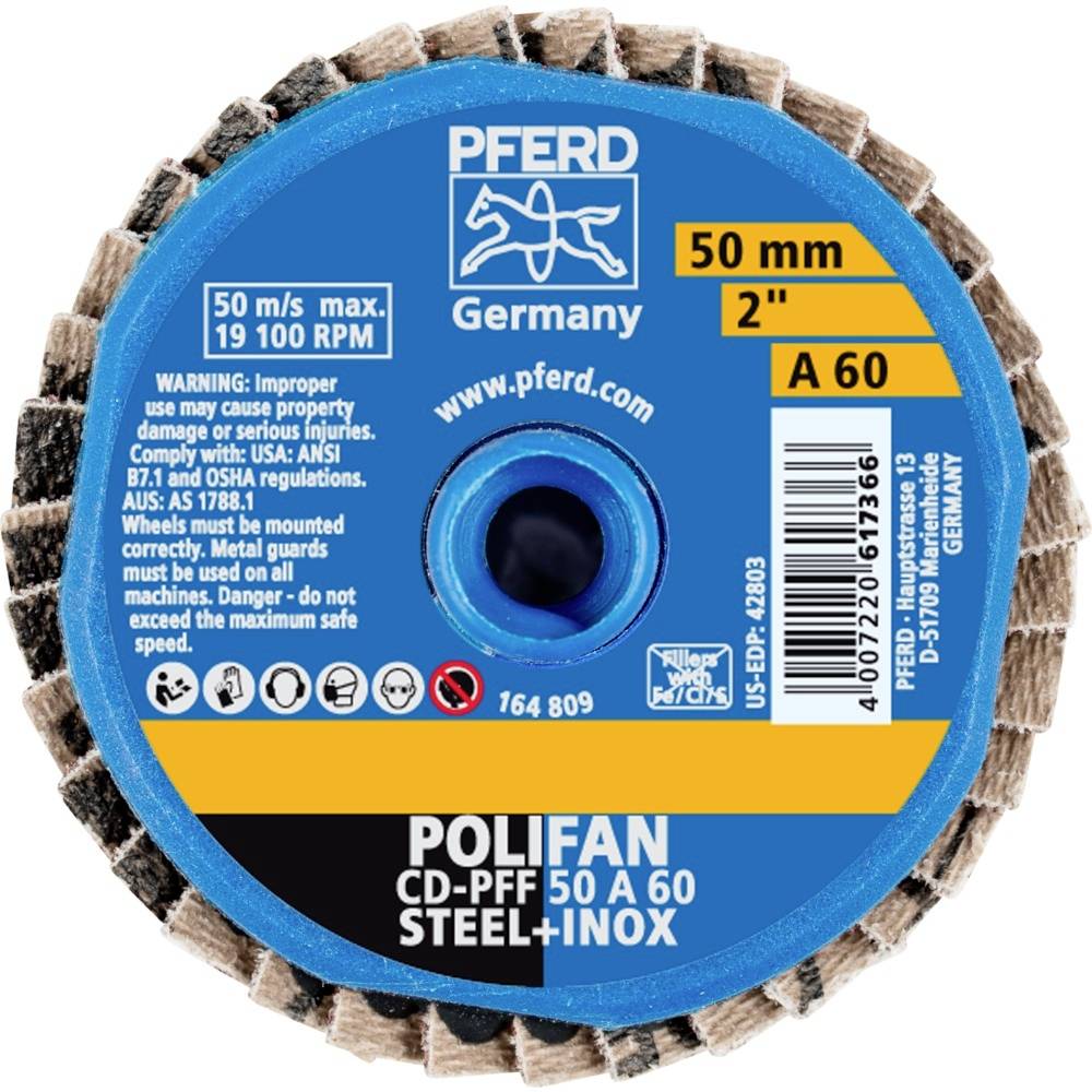 Brusný kotouč o průměru 50 mm, zrnitost A 60, vhodný pro ocel a nerezovou ocel, s bezpečnostními upozorněními a údaji výrobce 'PFERD Germany'.