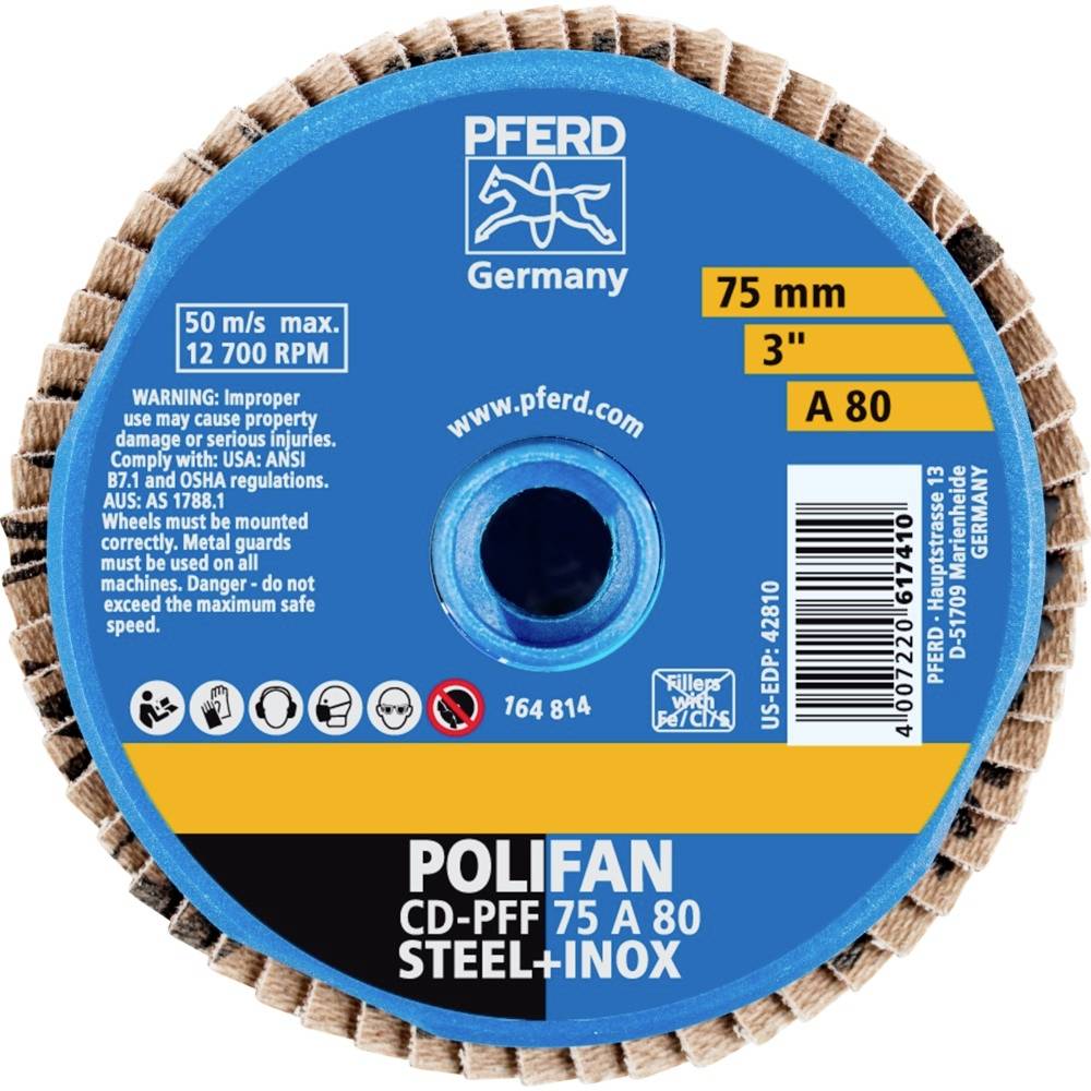 'PFERD Polifan CD-PFF 75 A 80' brusný kotouč, průměr 75 mm, pro ocel a nerez. Maximální rychlost: 50 m/s, 12700 otáček/min.