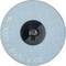 Brusný kotouč s modrým povrchem a černým středem, štítek zobrazuje zrnitost a specifikace.