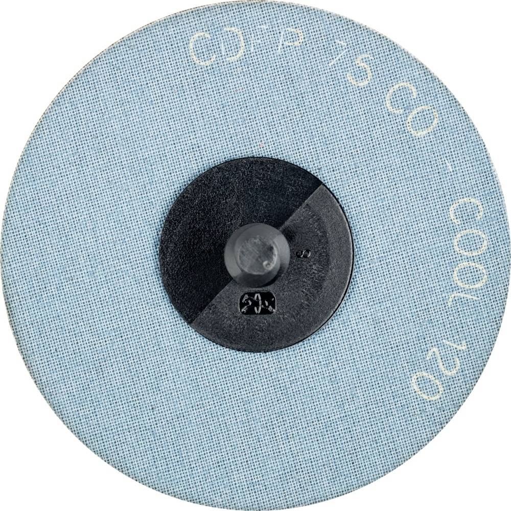 Modré, kulaté brusné plátno s nápisem 'CD - P 15 CO - COOL 120', uprostřed černý otvor pro upevnění na nástroj.