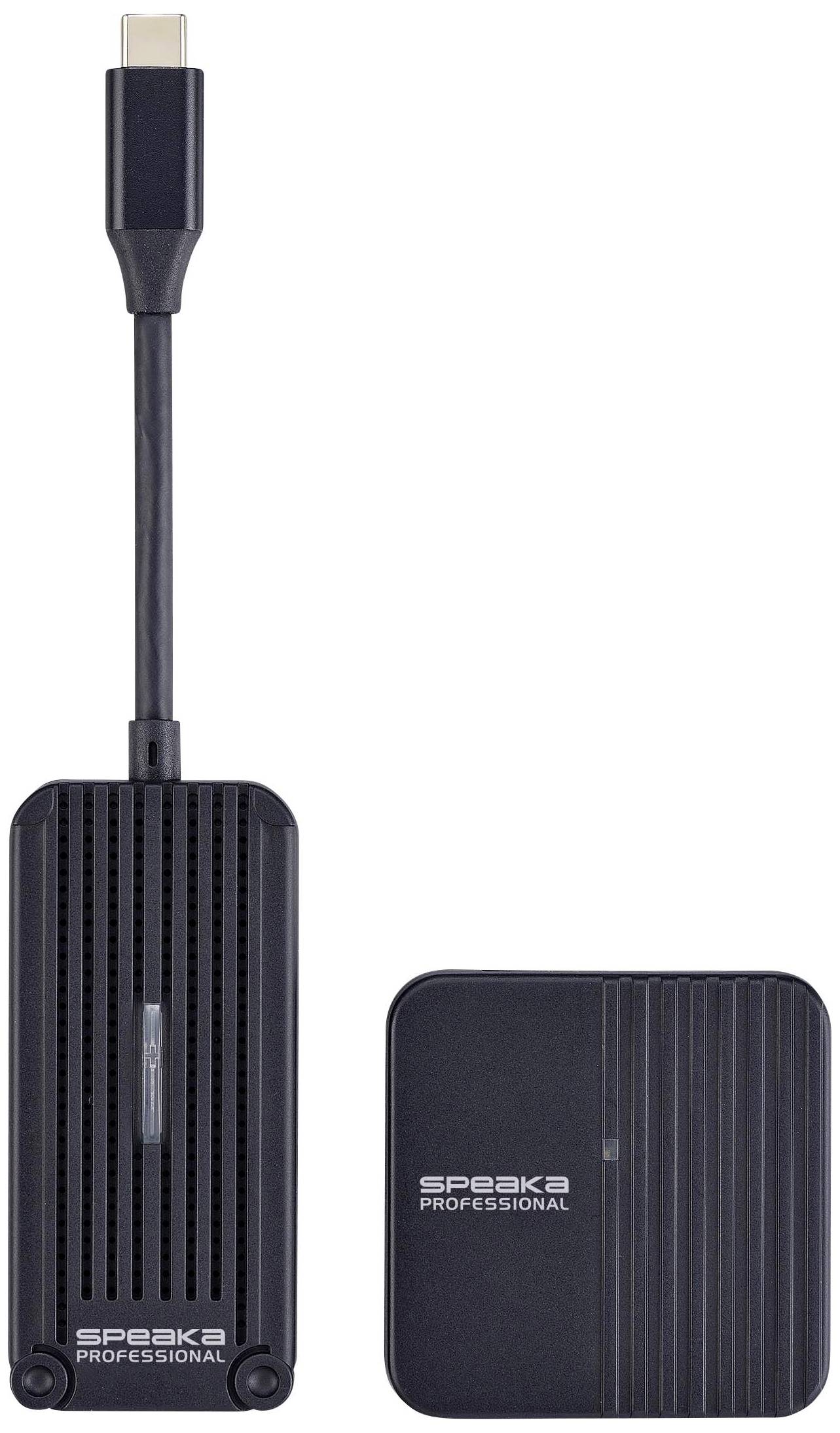 USB-C na HDMI adaptér od SpeaKa Professional. Adaptér je černý a skládá se z krátkého kabelu s obdélníkovým tělem.