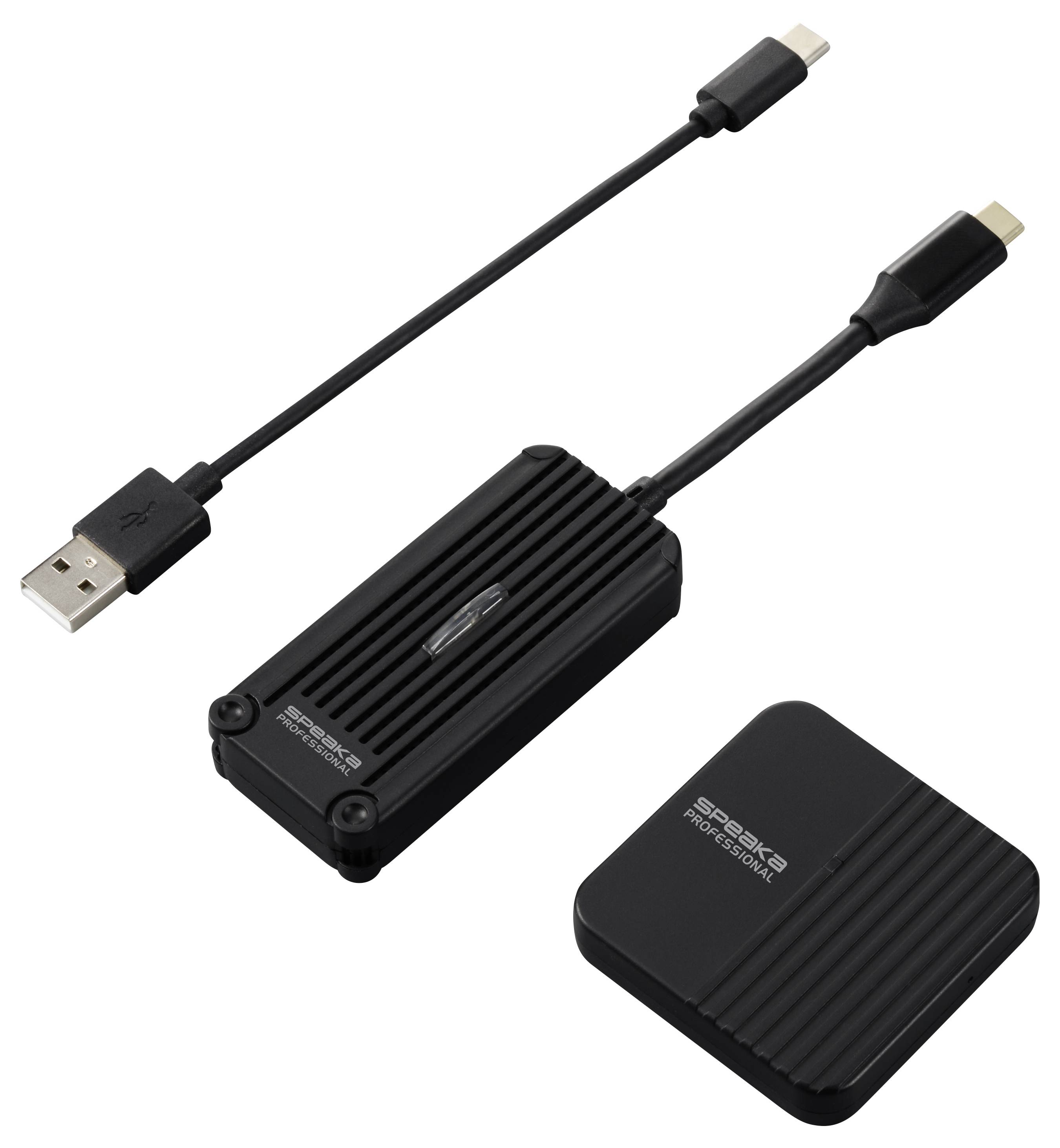Černý přenosný adaptér a pouzdro s USB a HDMI porty, vhodný pro snadné propojení zařízení.