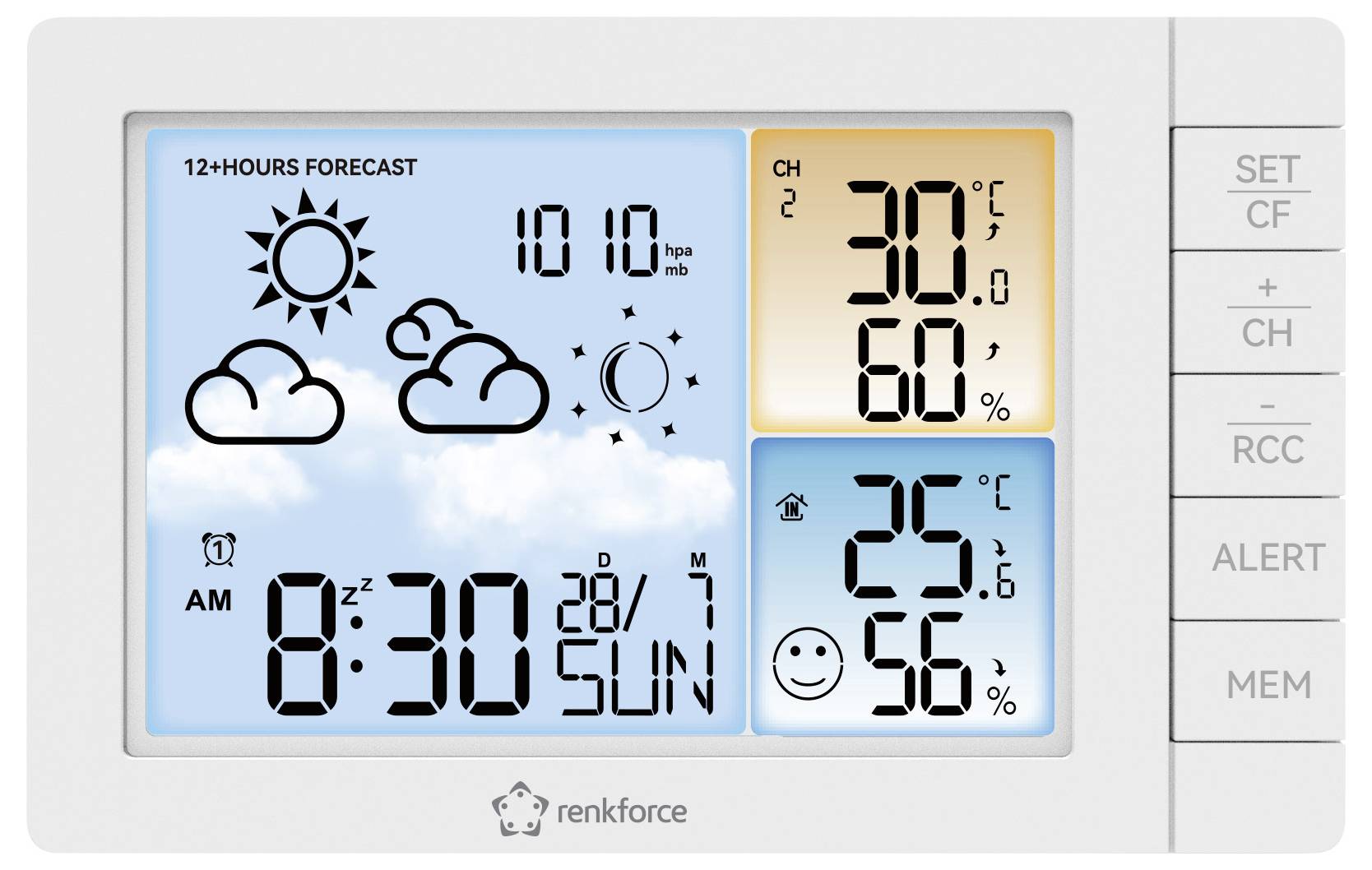 Digitální meteostanice ukazuje čas 8:30, datum 28. neděle, předpověď počasí se sluncem a mraky, teplota 25°C, vlhkost vzduchu 56%.