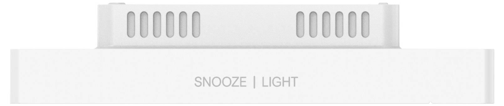 Bílý ovládací panel budíku s tlačítky 'SNOOZE' a 'LIGHT'.