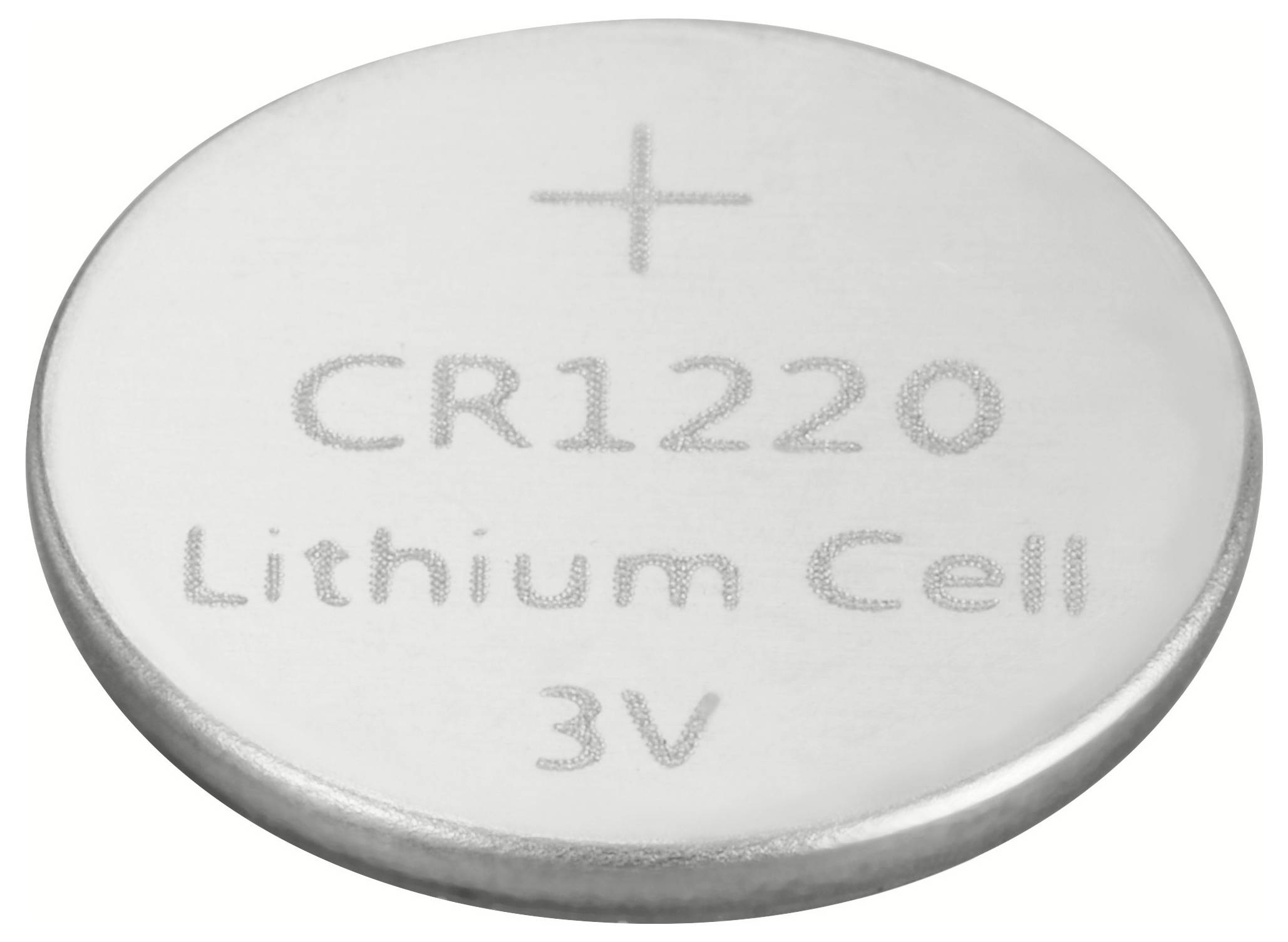 Stříbrná knoflíková lithiová baterie s nápisem 'CR1220 Lithium Cell 3V'.