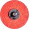Červený brusný kotouč s černým upevňovacím prvkem uprostřed, používaný k broušení nebo leštění materiálů.