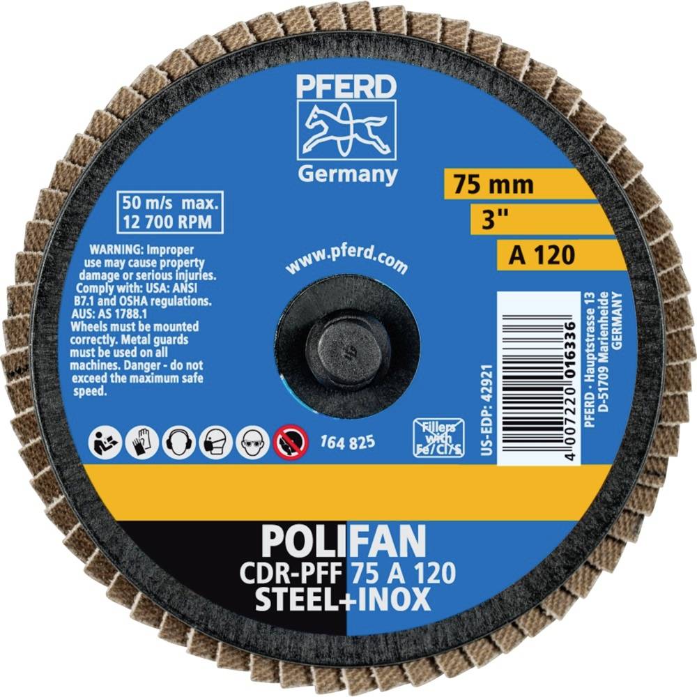 'Brusný kotouč PFERD POLIFAN CDR-PFF 75 A 120 STEEL+INOX, 75 mm, max. 12.700 ot./min., pro ocel a nerezovou ocel, bezpečnostní upozornění na etiketě.'
