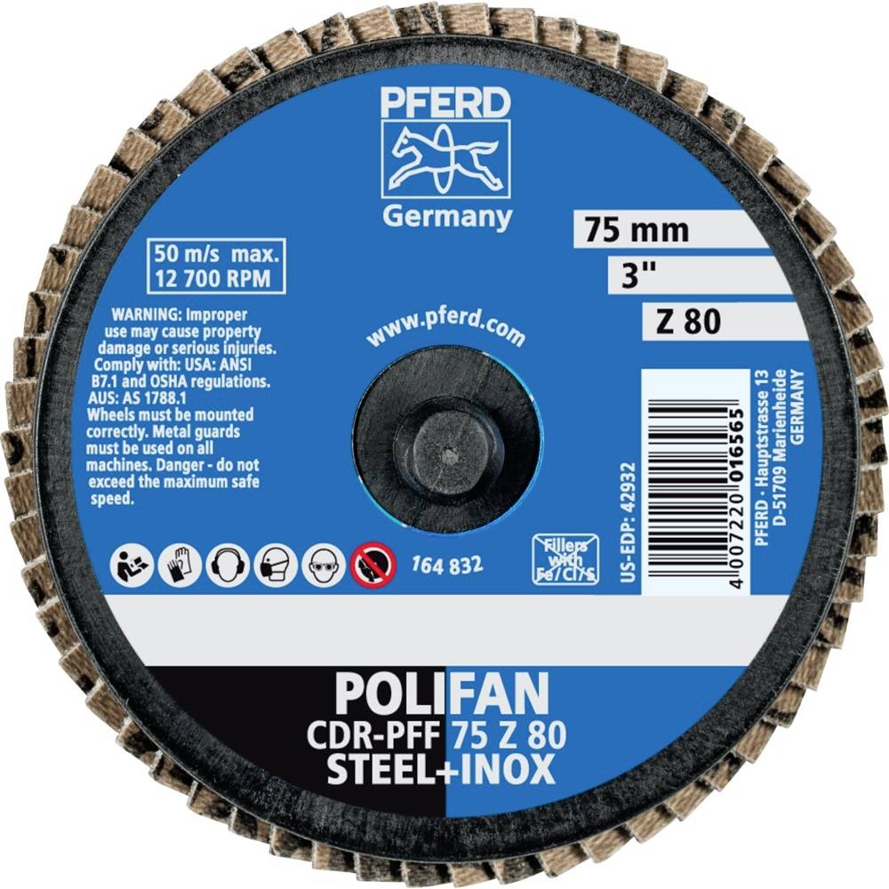 Kulatý brusný kotouč s nápisem 'POLIFAN CDR-PFF 75 Z 80 STEEL+INOX', maximálně 50 m/s, 12700 ot./min, průměr 75 mm.