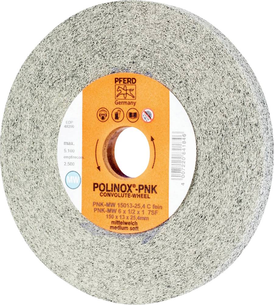 Šedý leštěný brusný kotouč s oranžovou etiketou, nápis 'Polinox PNK MV', 'Pferd Germany', '150x13x25 A C jemný'.