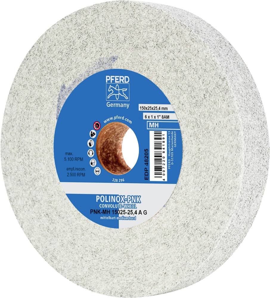 Brusný kotouč značky "PFERD" s modrou etiketou, 150x25,4 mm, max. 5100 ot./min, vhodný pro obrábění kovů.