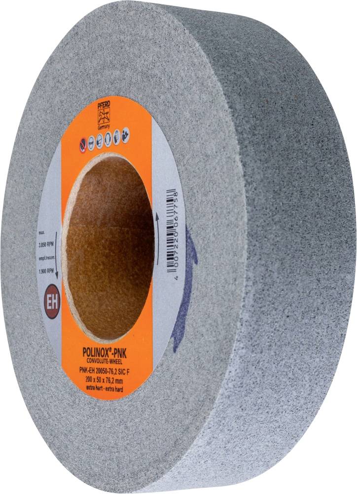 Brusný kotouč s oranžovou etiketou, značka 'Polinox-PNK'. Kulatý design, šedý, vhodný pro broušení.