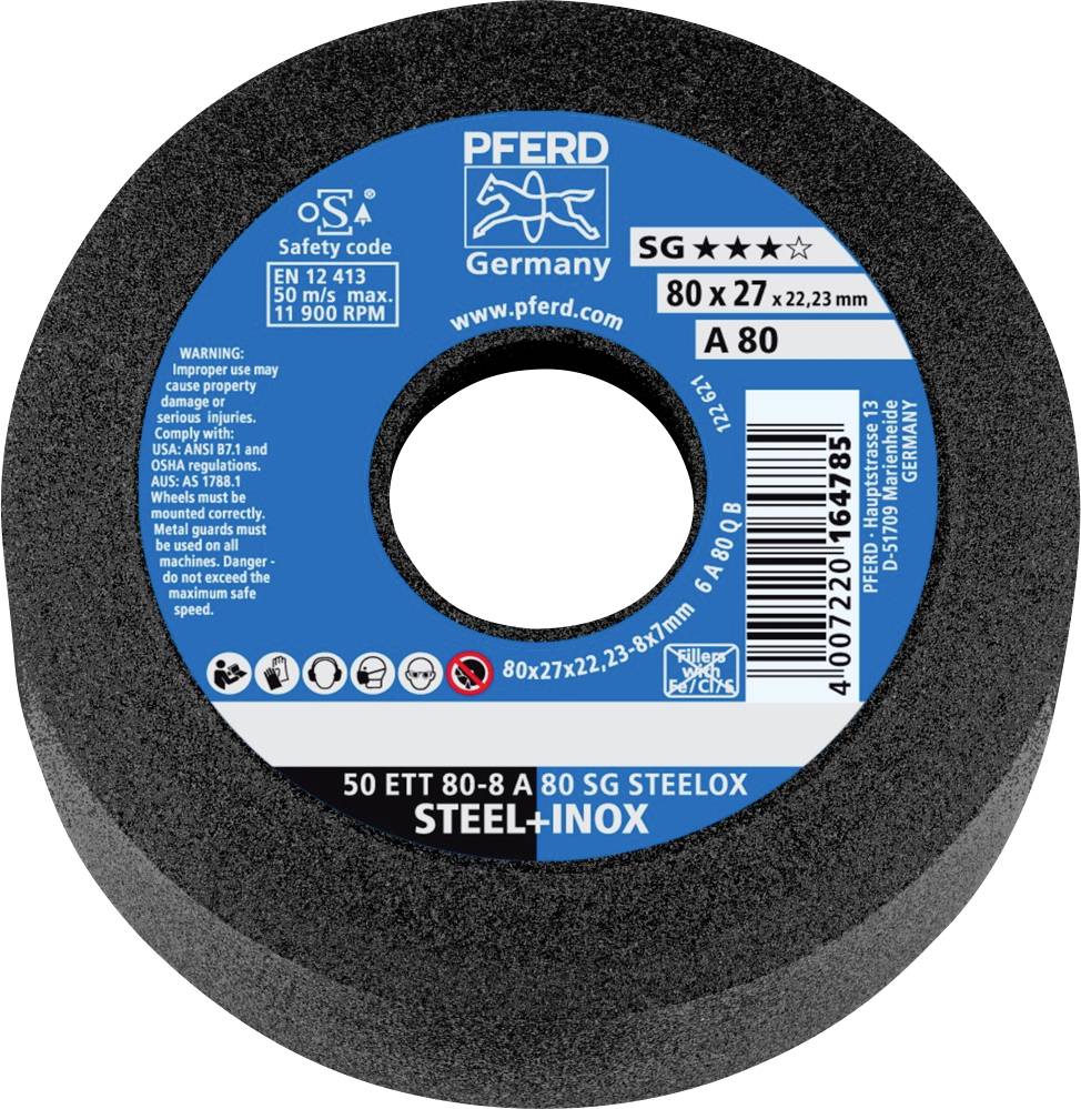 Brusný kotouč značky PFERD se specifikacemi: SG A 80, 80x27x22,23 mm, určený pro ocel a nerezovou ocel, maximálně 11 900 ot./min.