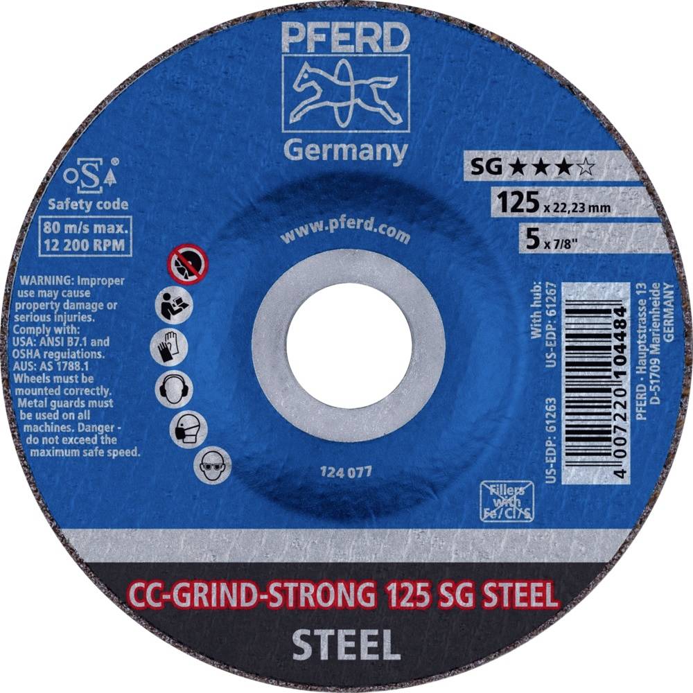 Brusný kotouč s bezpečnostními a výstražnými pokyny, značka 'Pferd', typ 'CC-Grind-Strong 125 SG', provozní rychlost 12.200 ot/min.