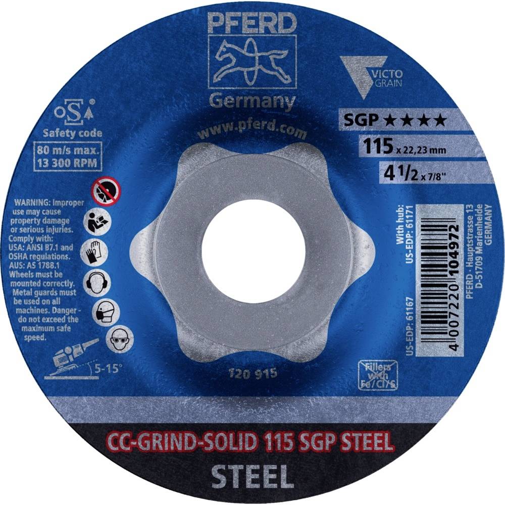 Brusný kotouč 'Pferd Germany CC-Grind Solid'. Vhodný pro ocel, průměr 115 mm, bezpečnostní informace a technické údaje na etiketě.