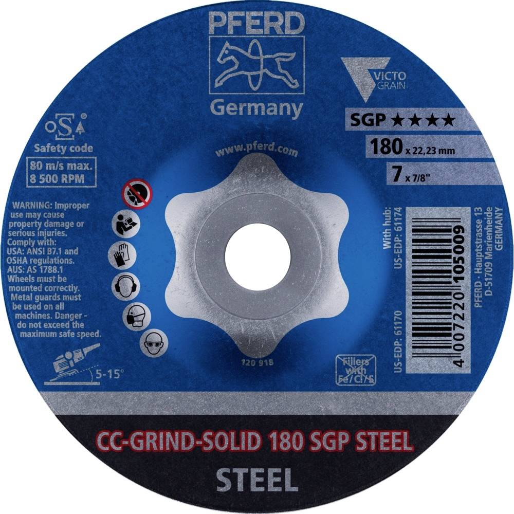 'CC-GRIND-SOLID 180 SGP' Brusný kotouč na ocel od společnosti PFERD, modrý, s bezpečnostními pokyny a technickými detaily, průměr 180 mm.