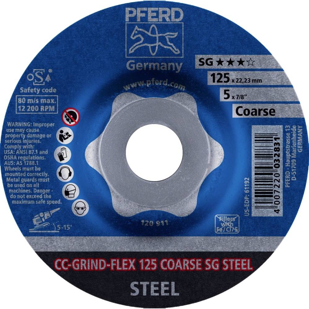 'PFERD Německo' Brusný kotouč, SG 125 mm, hrubý, pro ocel. Výstražné upozornění a bezpečnostní kódy viditelné.