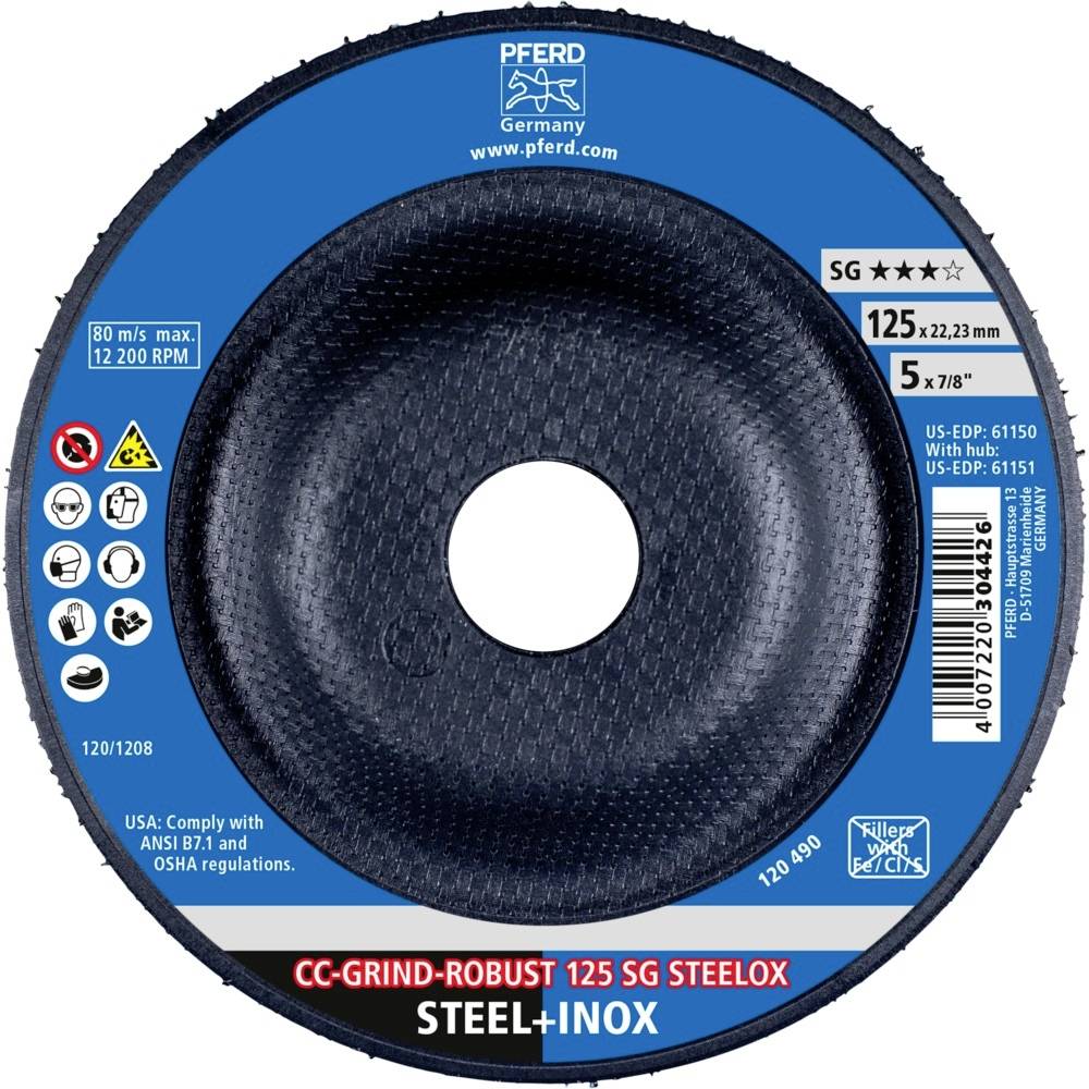 Brusný kotouč na obrábění kovu, modrý štítek s technickými specifikacemi: průměr 125 mm, maximální otáčky 12.200 ot./min.