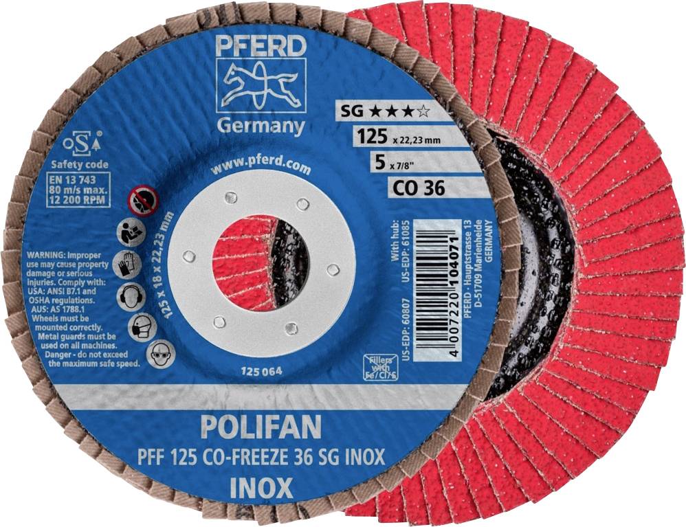 Červeno-modrý brusný kotouč značky Pferd, model Polifan PFF 125 CO-Freeze 36 SG Inox, s nápisem a technickými specifikacemi.
