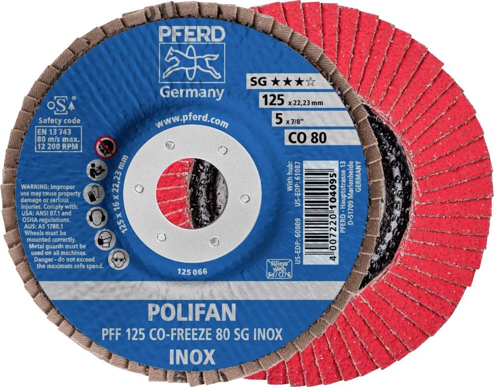 Brusný kotouč s červeným okrajem a modrým středem, značka 'Pferd Germany', model 'Polifan PFF 125 CO-FREEZE 80 SG Inox'.