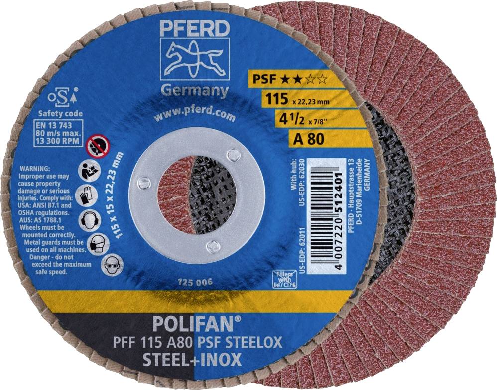 'Brusný kotouč PFERD Polifan' zobrazuje etiketu s rozměry 115 x 22,23 mm, typ PSF pro ocel-nerez. Obsahuje bezpečnostní a produktové informace.