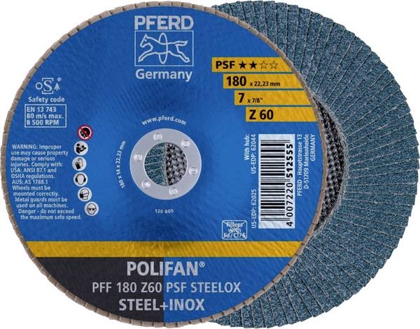 PFERD TOOLS 67666185 PFF 180 Z 60 PSF STEELOX vějířovitý brusný kotouč Průměr 180 mm Ø otvoru 22.23 mm Zrnitost 60 nerezová ocel, ocel 10 ks