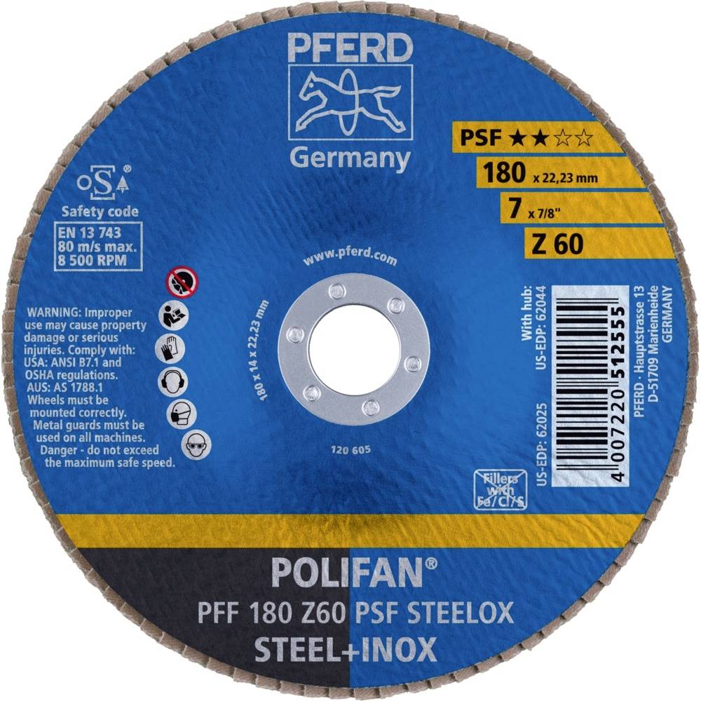 Brusný kotouč, 'POLIFAN PFF 180 Z60 PSF STEELOX', 180x22,23 mm, max 80 m/s (8.500 ot/min), modrý s bezpečnostními a výstražnými pokyny.