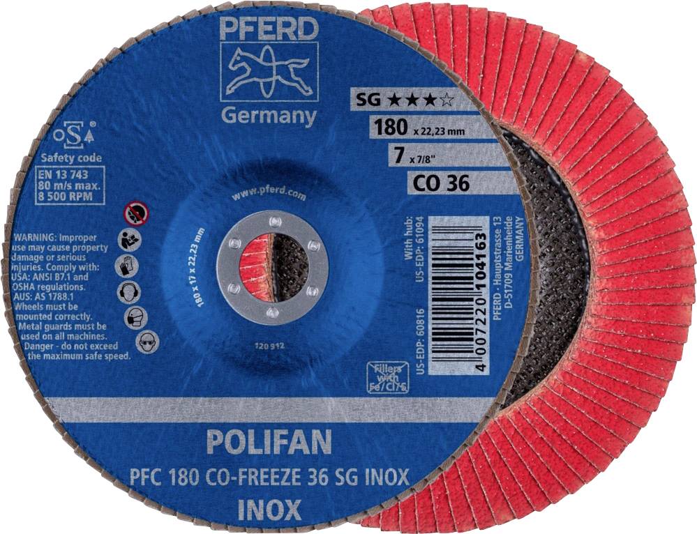 Brusný kotouč PFERD Polifan, model PFC 180 CO-FREEZE 36 SG INOX, s bezpečnostními upozorněními a specifikacemi použití.