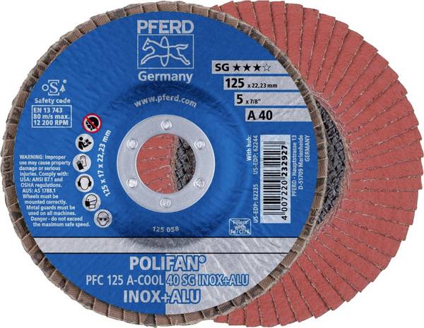 PFERD TOOLS 67754125 PFC 125 A-COOL 40 SG INOX+ALU vějířovitý brusný kotouč Průměr 125 mm Ø otvoru 22.23 mm Zrnitost 40 hliník, neželezné kovy, nerezová ocel 10 ks