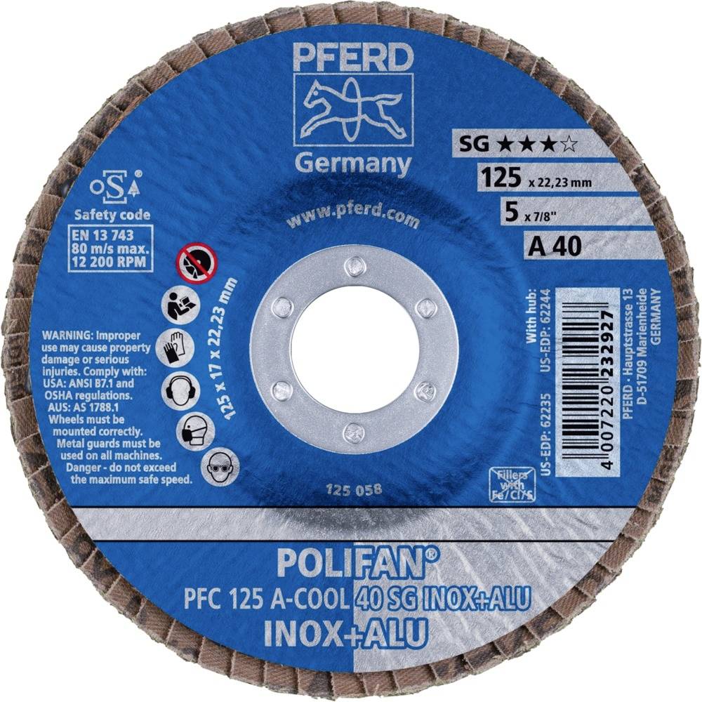 Brusný kotouč značky PFERD, model POLIFAN PFC 125 A COOL, vhodný pro nerezovou ocel a hliník. Rozměry: 125 mm x 22,23 mm.