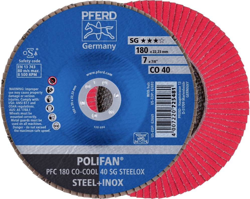 Brusný kotouč značky 'PFERD', model 'POLIFAN PFC 180 CO-COOL', vhodný pro ocel a nerez, průměr: 180 mm, tloušťka: 22,23 mm.