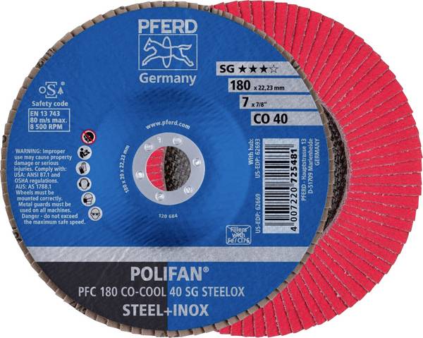 PFERD TOOLS 67760485 PFC 180 CO-COOL 40 SG STEELOX vějířovitý brusný kotouč Průměr 180 mm Ø otvoru 22.23 mm Zrnitost 40 Slitina hliníku, Slitina na bázi niklu, Superslitiny na bázi niklu nebo titanu, nerezová ocel, ocel 10 ks