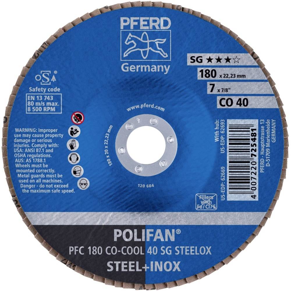Brusný kotouč "PFERD", model POLIFAN PFC 180 CO-COOL 40 SG STEELOX, 180 mm, na ocel a nerezovou ocel, max. 80 m/s, 8 500 ot./min.
