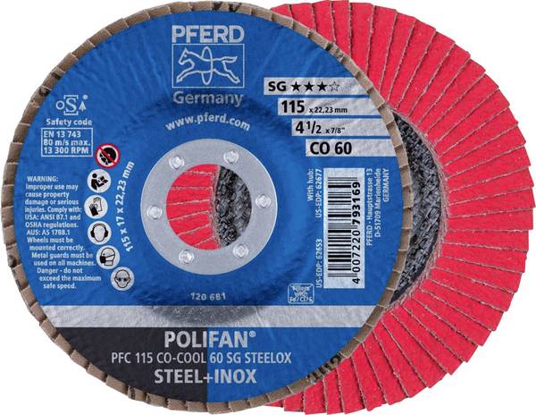 PFERD TOOLS 67760615 PFC 115 CO-COOL 60 SG STEELOX vějířovitý brusný kotouč Průměr 115 mm Ø otvoru 22.23 mm Zrnitost 60 Slitina hliníku, Slitina na bázi niklu, Superslitiny na bázi niklu nebo titanu, nerezová ocel, ocel 10 ks