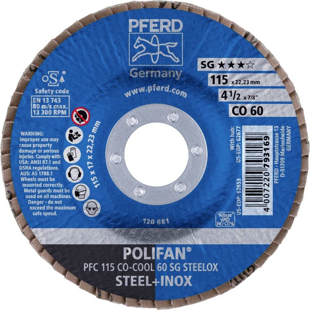 Brusný kotouč značky 'Pferd', model 'Polifan Co-Cool', se specifikacemi: 115x22,23 mm, 13300 ot./min, zrnitost CO 60, vhodný pro ocel a nerezovou ocel.
