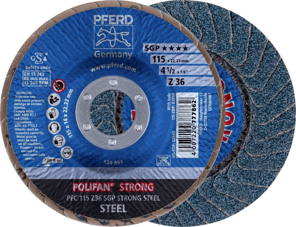 Brusný kotouč s nápisem 'POLIFAN STRONG SGP STEEL', vhodný pro obrábění oceli. Výrobce: PFERD Germany.