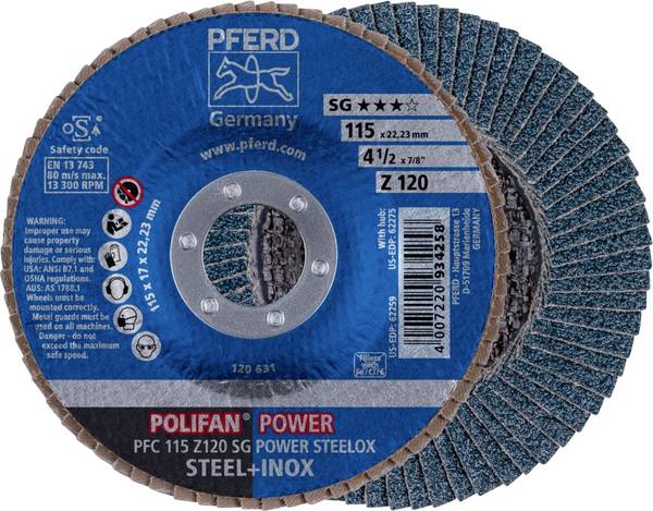 PFERD TOOLS 67789116 PFC 115 Z 120 SG POWER STEELOX vějířovitý brusný kotouč Průměr 115 mm Ø otvoru 22.23 mm Zrnitost 120 nerezová ocel, ocel 10 ks