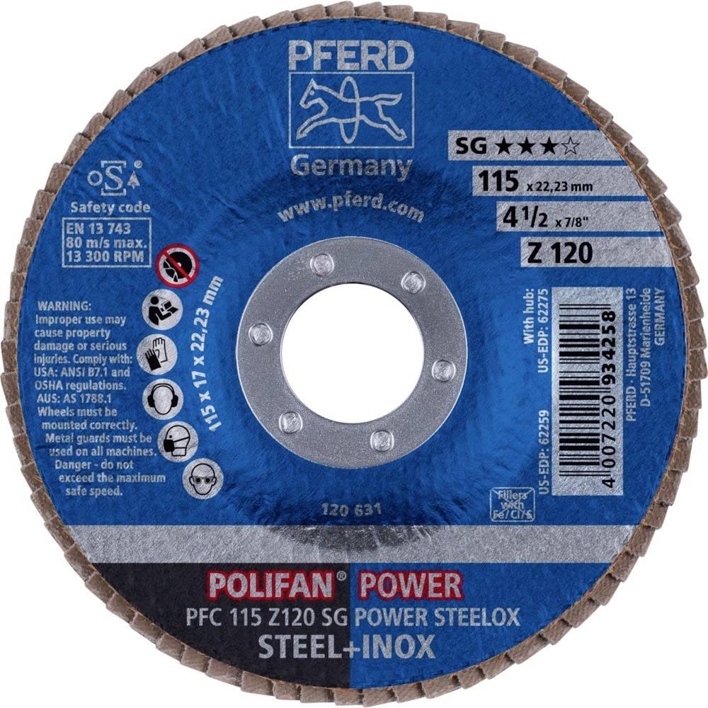 'PFERD Německo Polifan Power brusný kotouč, průměr 115 mm, SG Z120, pro ocel a nerez, max. 13.300 ot/min.'