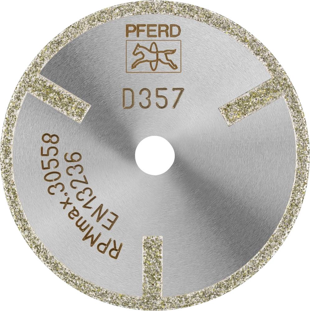 Stříbrný dělicí kotouč s nápisem 'KŮŇ D357' a 'RPM max 30558 EN13236', s třpytivými hranami, používaný k řezání.