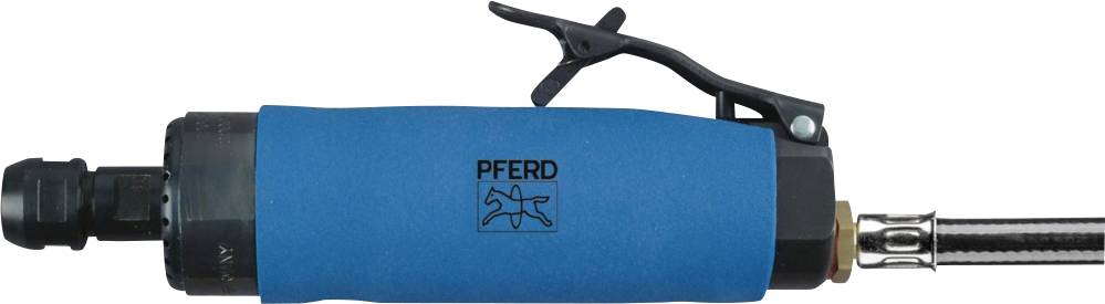 Bruska s modrým krytem, černým vypínačem a logem 'PFERD'. Používá se pro obrábění kovů a leštění.