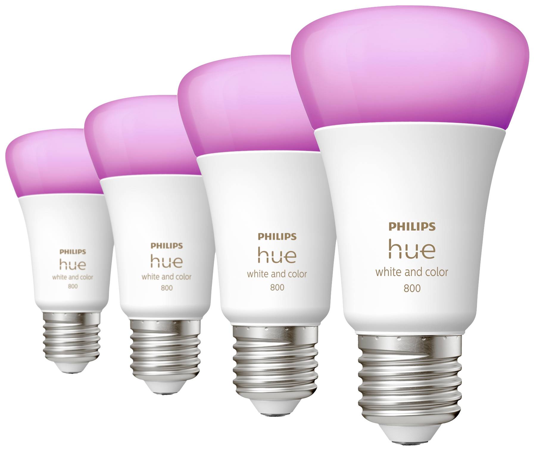Čtyři Philips Hue žárovky s bílým a barevným světlem. Žárovky svítí růžově. Ideální pro atmosférické osvětlení.