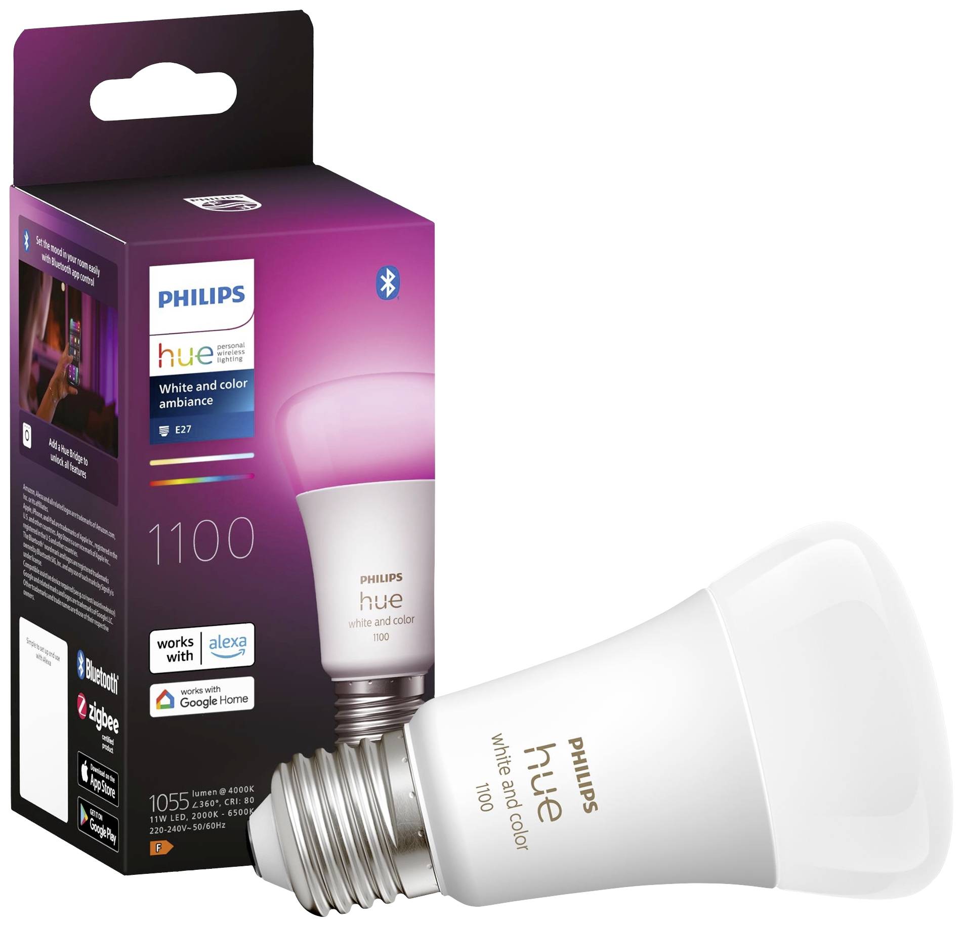 Philips Hue LED žárovka a balení: Nastavitelná v bílé a barevné variantě, kompatibilní s Bluetooth, Alexou a Google Home.