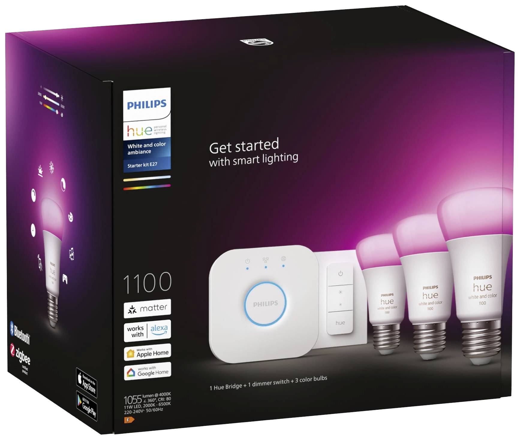 Startovní sada Philips Hue Smart Osvětlení: Obsahuje bridge, stmívač a tři chytré žárovky; kompatibilní s chytrými domácími systémy.