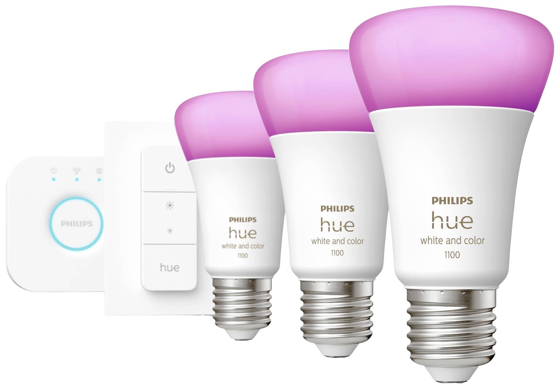 Philips Hue White and Color Ambiance LED žárovky E27 ve třech velikostech před bezdrátovým stmívačem. Žárovky svítí narůžovo.