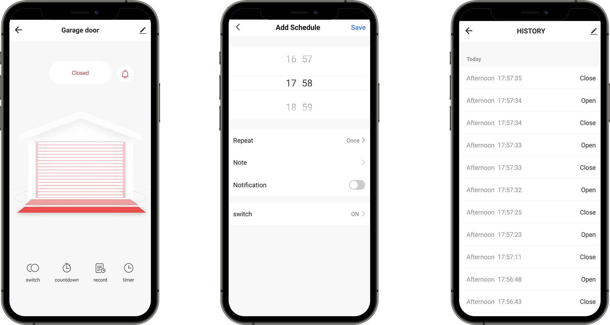 Tři smartphonové obrazovky: 1. Indikátor stavu garáže 'Zavřeno'. 2. Nastavení plánu otevírání/zavírání. 3. Přehled historie s časy.