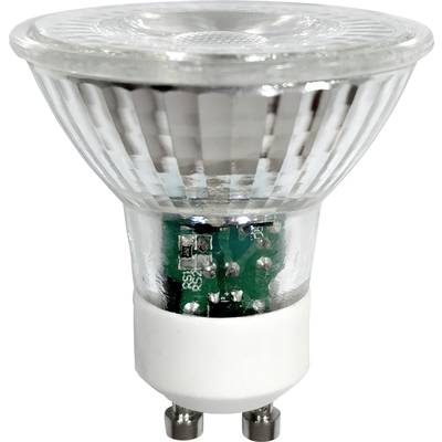 Čirá LED žárovka s GU10 paticí, ukazující vnitřní zelený obvod. Úsporná a vhodná pro stropní bodová světla.