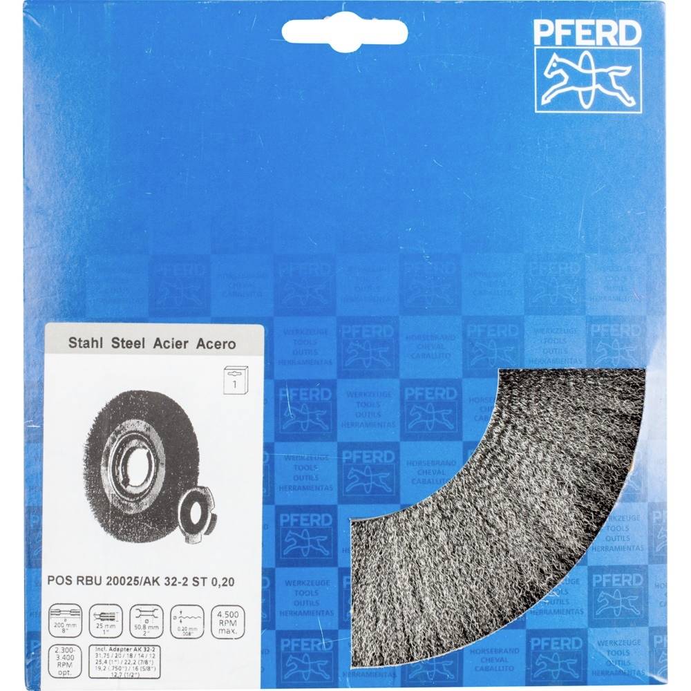 Obal na brusný kotouč značky Pferd s fotografií kotouče. Text na obalu: 'Ocel Stahl Steel Acier Acero'.