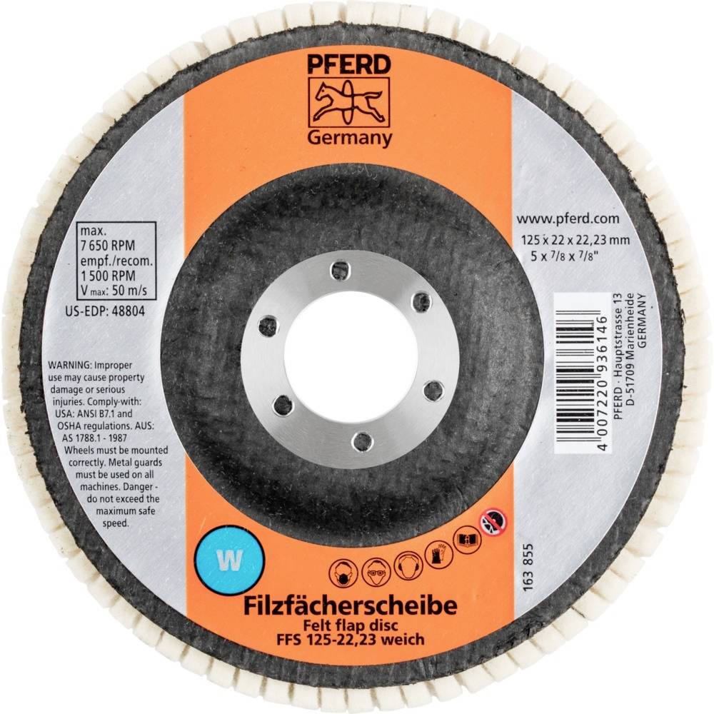 Plstěný lamelový kotouč od PFERD Germany, 125 x 22,23 mm, určený pro leštění; zahrnuje informace o rychlosti a bezpečnosti.