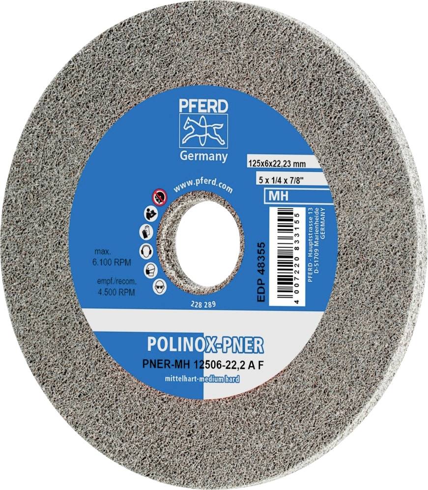 Brusný kotouč s nápisem 'POLINOX-PNER', maximální otáčky 6 100 ot./min, webová adresa a specifikace včetně rozměrů a materiálu.
